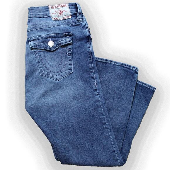 Y2K True Religion Jennie Curvy Mid Rise Capri Blue Denim Jeans - Picture 1 of 8